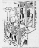 "Treadmill in an English Prison." Illustration from The Chicago Chronicle of British prisoners walking the prison treadmill and picking oakum.